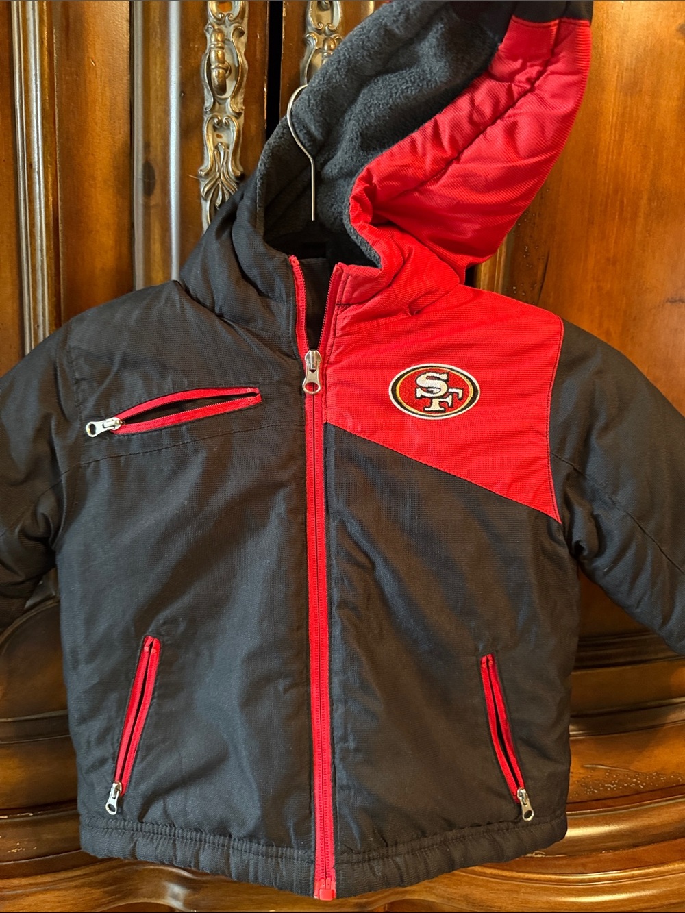 SF Niners NFL Kids Black and Red Hooded Puffer Jacket with Team Patch